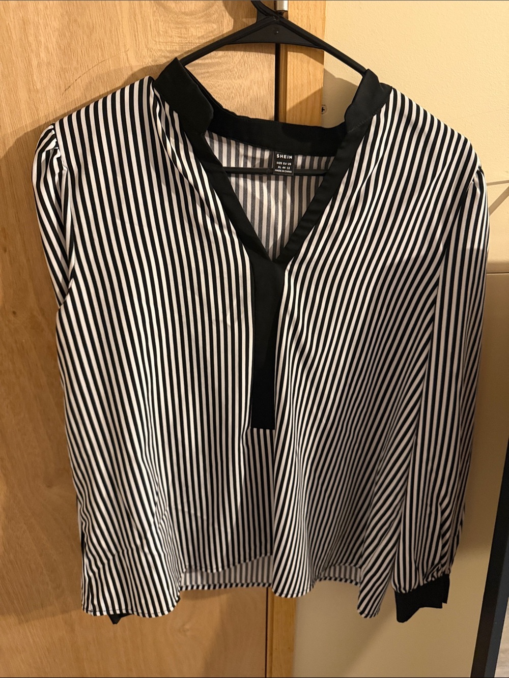 SHEIN Black & White Vertical Stripe V-Neck Blouse